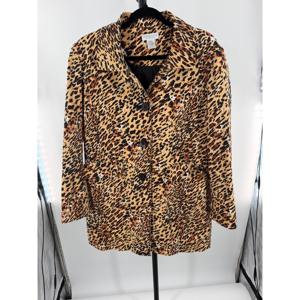 Worthington Stretch Leopard Print Car Coat Women Large Animal Print Long Blazer